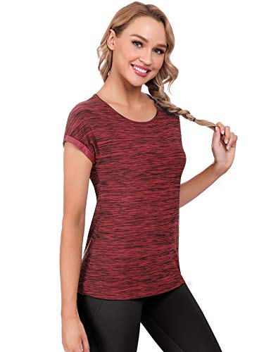 iClosam Camisetas Deporte Mujer Fitness Cuello Redondo BáSicas Seco RáPido Blusas Camisa Top Camiseta Mujers Running Manga Corta (Granate, M)