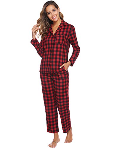 iClosam Pijama Mujer Invierno Dos Piezas,Cuadros Pijama Camiseta y Pantalones Largos Pijamas Casual Ropa de Casa Dormir Cálido y Comodo S-XXL