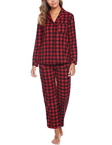 iClosam Pijama Mujer Invierno Dos Piezas,Cuadros Pijama Camiseta y Pantalones Largos Pijamas Casual Ropa de Casa Dormir Cálido y Comodo S-XXL