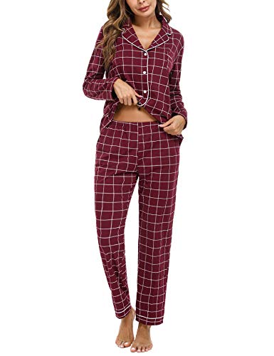 iClosam Pijama Mujer Invierno Dos Piezas,Cuadros Pijama Camiseta y Pantalones Largos Pijamas Casual Ropa de Casa Dormir Cálido y Comodo S-XXL (XXL, Estilo 3 ：Rojo)