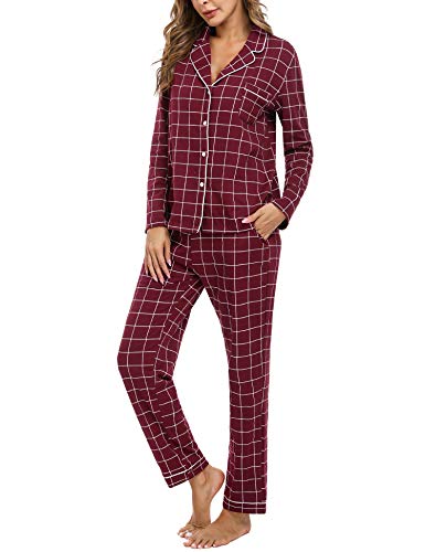 iClosam Pijama Mujer Invierno Dos Piezas,Cuadros Pijama Camiseta y Pantalones Largos Pijamas Casual Ropa de Casa Dormir Cálido y Comodo S-XXL (XXL, Estilo 3 ：Rojo)