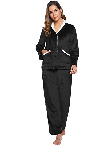 iClosam Pijama Mujer Invierno Franela Largo Dos Piezas,Botones Ropa de Dormir Casual Ropa de Casa Cálido Cómodo S-XXL