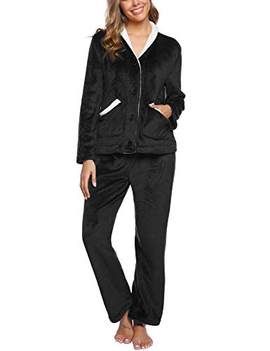 iClosam Pijama Mujer Invierno Franela Largo Dos Piezas,Botones Ropa de Dormir Casual Ropa de Casa Cálido Cómodo S-XXL