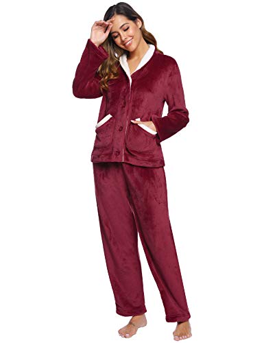 iClosam Pijama Mujer Invierno Franela Largo Dos Piezas,Botones Ropa de Dormir Casual Ropa de Casa Cálido Cómodo S-XXL