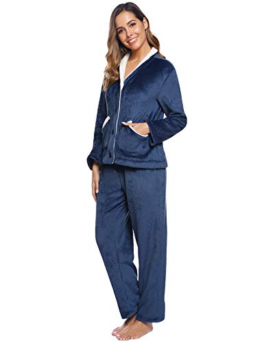 iClosam Pijama Mujer Invierno Franela Largo Dos Piezas,Botones Ropa de Dormir Casual Ropa de Casa Cálido Cómodo S-XXL