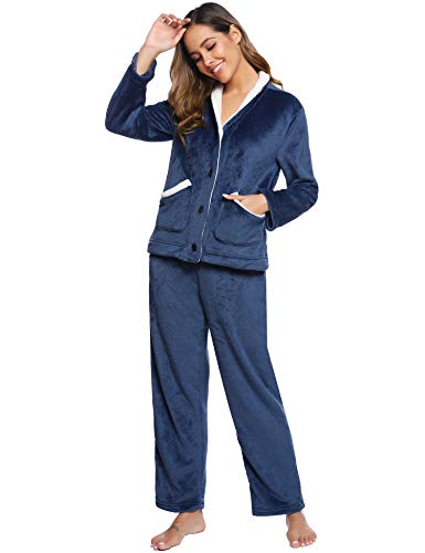 iClosam Pijama Mujer Invierno Franela Largo Dos Piezas,Botones Ropa de Dormir Casual Ropa de Casa Cálido Cómodo S-XXL