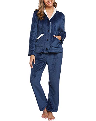 iClosam Pijama Mujer Invierno Franela Largo Dos Piezas,Botones Ropa de Dormir Casual Ropa de Casa Cálido Cómodo S-XXL