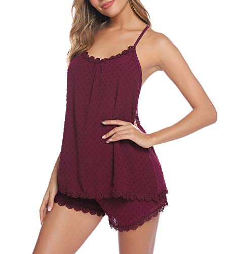 iClosam Pijamas Mujer Tirantes Verano Corto Set,Camiseta de Tirantes y Short Ropa de Dormir Sexy y Comodo (Rojo Oscuro, XL)
