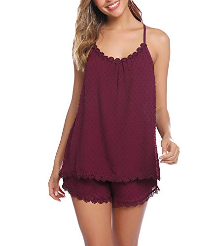 iClosam Pijamas Mujer Tirantes Verano Corto Set,Camiseta de Tirantes y Short Ropa de Dormir Sexy y Comodo (Rojo Oscuro, XL)