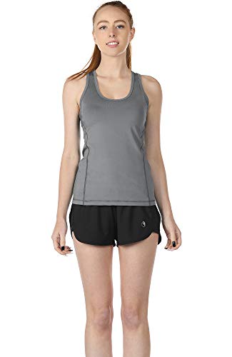 icyzone Camiseta de tirantes para mujer, 2 unidades, deportiva, espalda cruzada, para yoga, fitness, gimnasio Gris / rosa ahumado. L