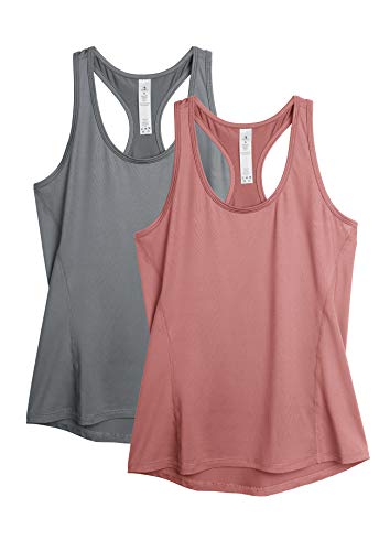 icyzone Camiseta de tirantes para mujer, 2 unidades, deportiva, espalda cruzada, para yoga, fitness, gimnasio Gris / rosa ahumado. L