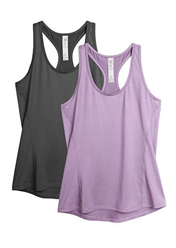 icyzone - Camiseta deportiva de tirantes para mujer (2 unidades) gris oscuro/lila. S