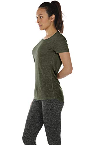 icyzone Camiseta deportiva para mujer con cuello en V, manga corta, para entrenamiento, fitness, ropa deportiva militar XL