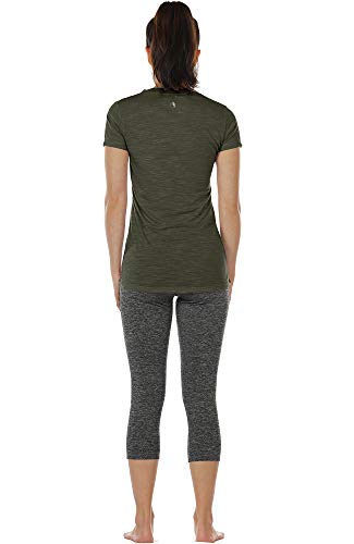 icyzone Camiseta deportiva para mujer con cuello en V, manga corta, para entrenamiento, fitness, ropa deportiva militar XL