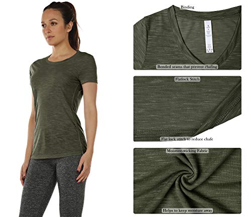 icyzone Camiseta deportiva para mujer con cuello en V, manga corta, para entrenamiento, fitness, ropa deportiva militar XL