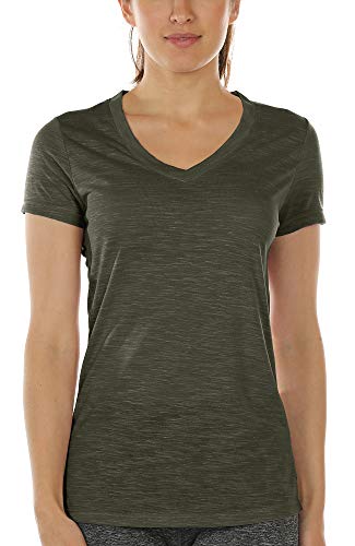icyzone Camiseta deportiva para mujer con cuello en V, manga corta, para entrenamiento, fitness, ropa deportiva militar XL