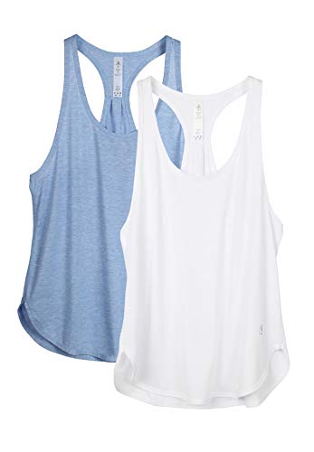 icyzone Camiseta sin Mangas de Fitness para Mujer Chaleco Deportivo, Pack de 2 (S, Blanco/Azul Cielo)