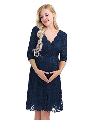 IEFIEL Mujer Premamá Vestido de Maternidad Encaje Vestido de Embarazada Encaje Floral Vestidos Boda Fiesta Corto Verano Manga Corta Azul Navy XX-Large