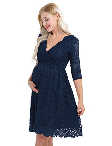 IEFIEL Mujer Premamá Vestido de Maternidad Encaje Vestido de Embarazada Encaje Floral Vestidos Boda Fiesta Corto Verano Manga Corta Azul Navy XX-Large
