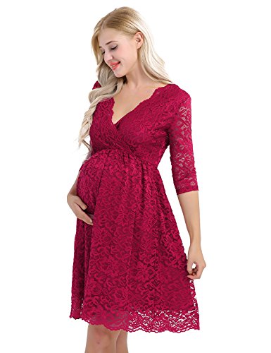 IEFIEL Mujer Premamá Vestido de Maternidad Encaje Vestido de Embarazada Encaje Floral Vestidos Boda Fiesta Corto Verano Manga Corta Rojo Vino XX-Large