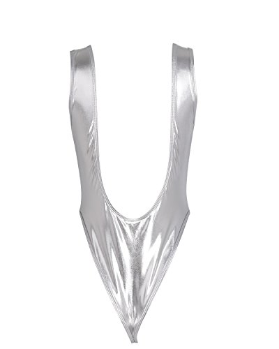 IEFIEL Trajes de Baño Una Pieza Mujer Body sin Mangas Charol Lustroso Bañador Lencería Sexy Mono Bikini Tanga Leotardo Maillot Gimnasia Plateado Talla Única