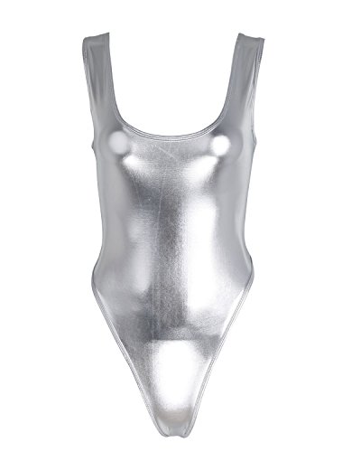 IEFIEL Trajes de Baño Una Pieza Mujer Body sin Mangas Charol Lustroso Bañador Lencería Sexy Mono Bikini Tanga Leotardo Maillot Gimnasia Plateado Talla Única
