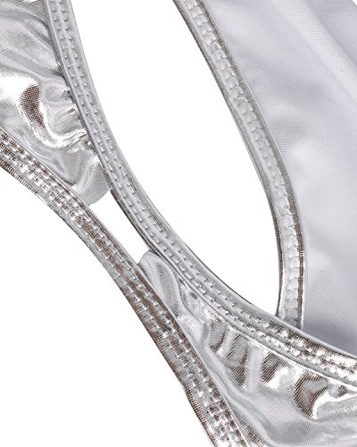 IEFIEL Trajes de Baño Una Pieza Mujer Body sin Mangas Charol Lustroso Bañador Lencería Sexy Mono Bikini Tanga Leotardo Maillot Gimnasia Plateado Talla Única