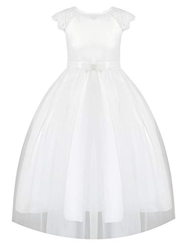 IEFIEL Vestido Blanco de Fiesta para Niña Vestido Elegante de Dama de Honor Vestido Princesa Encaje Sin Mangas de Ceremonia Boda Blanco 8 años