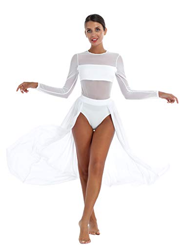 IEFIEL Vestido Danza Ballet para Mujer Vestido Gasa Sin Mangas de Danza Gimnasia Maillot con Falda Mallas Irregular Vestido Baile Moderno Blanco C XL