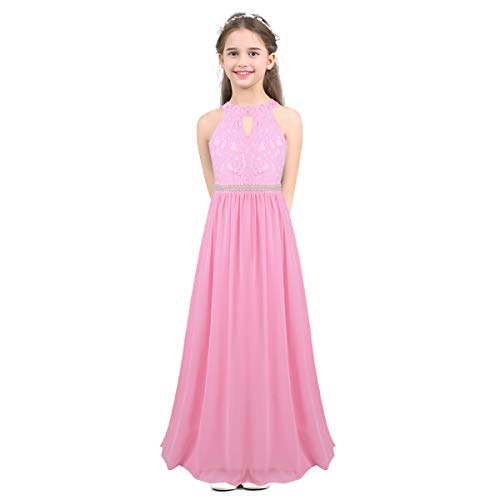 IEFIEL Vestido Largo de Fiesta Para Niña Vestido Princesa Sin Manga de Ceremonia Vestido Elegante de Dama de Honor Vestido Princesa Con Cintura Perla Rosa 12 años