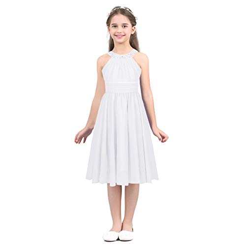 IEFIEL Vestido Princesa Niña de Fiesta Boda Vestido Elegante Cuello Halter Vestido Encaje de Dama de Honor Vestido Ceremonia Niña 4-14 años Blanco 10 años