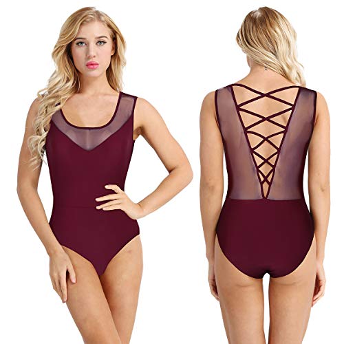 iiniim Maillot Baile Espalda Cruzada Transparente Malla Vestido de Danza Ballet Mujer Leotardo de Gimnasia Clásico Body Adulto Mono sin Mangas Bodysuit para Fiesta Actuación Rojo S