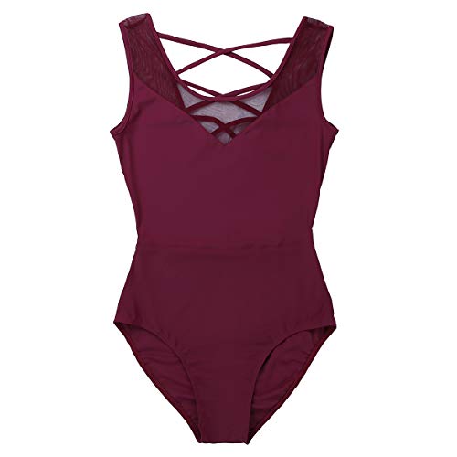 iiniim Maillot Baile Espalda Cruzada Transparente Malla Vestido de Danza Ballet Mujer Leotardo de Gimnasia Clásico Body Adulto Mono sin Mangas Bodysuit para Fiesta Actuación Rojo S