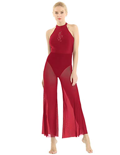 iiniim Mono de Danza para Mujer Espalda Abierta Lentejuelas Body de Danza Fiesta sin Mangas Disfraz de Baile Lírico Ropa de Danza Moderna Traje de Baile Contemporáneo Rojo Large