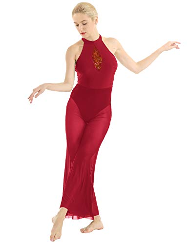 iiniim Mono de Danza para Mujer Espalda Abierta Lentejuelas Body de Danza Fiesta sin Mangas Disfraz de Baile Lírico Ropa de Danza Moderna Traje de Baile Contemporáneo Rojo Large