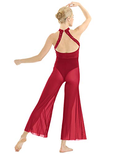 iiniim Mono de Danza para Mujer Espalda Abierta Lentejuelas Body de Danza Fiesta sin Mangas Disfraz de Baile Lírico Ropa de Danza Moderna Traje de Baile Contemporáneo Rojo Large