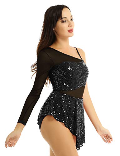 iixpin Vestido de Danza Lírica Moderna para Mujer Maillot de Patinaje Artística con Lentejuelas Brillante Traje Bailarina Falda Asimétrica con Bragas Negro A X-Small