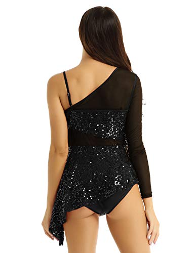 iixpin Vestido de Danza Lírica Moderna para Mujer Maillot de Patinaje Artística con Lentejuelas Brillante Traje Bailarina Falda Asimétrica con Bragas Negro A X-Small