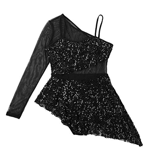 iixpin Vestido de Danza Lírica Moderna para Mujer Maillot de Patinaje Artística con Lentejuelas Brillante Traje Bailarina Falda Asimétrica con Bragas Negro A X-Small