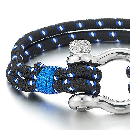 iMETACLII Acero Tornillo Grillete del Ancla, Hombre Mujer Azul Blanco Pulsera del Abrigo Cuerda Trenzado, Náutico Marinero Tejido