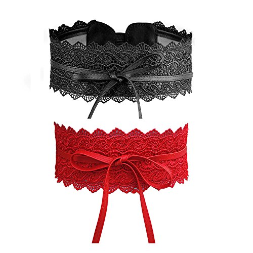 iMixCity 2/4 Paquete Cinturón Ancho Obi Ajustable Cinturón de Cintura de Encaje para Vestidos de Fiesta de Boda (Tamaño Libre, Negro + Rojo + Blanco + Gris)