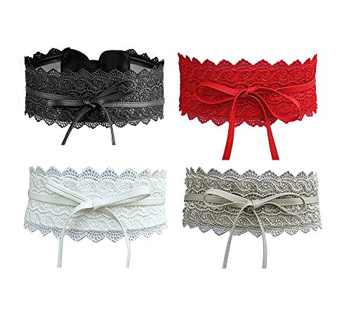 iMixCity 2/4 Paquete Cinturón Ancho Obi Ajustable Cinturón de Cintura de Encaje para Vestidos de Fiesta de Boda (Tamaño Libre, Negro + Rojo + Blanco + Gris)
