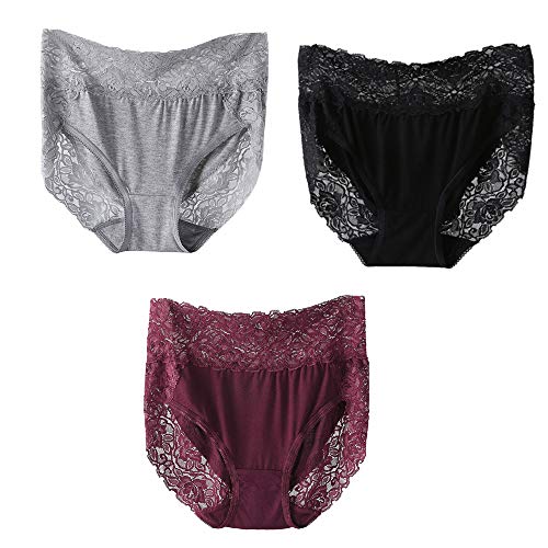 iMixCity 3 Piezas Conjunto de Bragas Diarias Mujeres Ropa Interior Braguitas de Encaje Sexy de Cintura Alta Hipster Modal Bragas (XXL: 44/46, Negro + Gris + Borgoña)