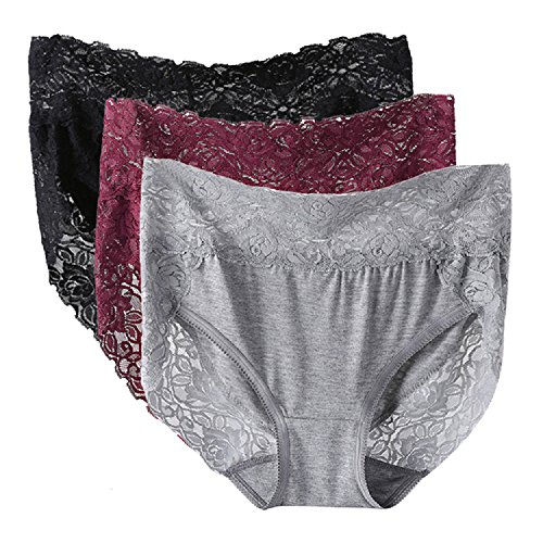 iMixCity 3 Piezas Conjunto de Bragas Diarias Mujeres Ropa Interior Braguitas de Encaje Sexy de Cintura Alta Hipster Modal Bragas (XXL: 44/46, Negro + Gris + Borgoña)