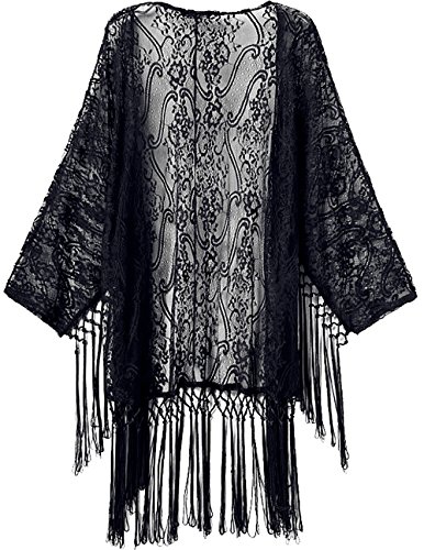 iMixCity Mujeres Praia de Encaje Kimono Cardigan Ganchillo de La Vendimia Borlas Mini Vestido Exóticas Protector Solar Ropa de Playa (L: 36/38, Negro)