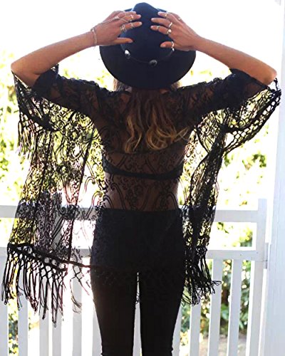 iMixCity Mujeres Praia de Encaje Kimono Cardigan Ganchillo de La Vendimia Borlas Mini Vestido Exóticas Protector Solar Ropa de Playa (L: 36/38, Negro)