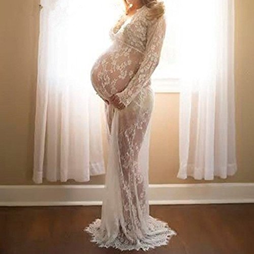 Imixcity Vestido de Noche de las Mujeres Embarazadas cuello en V Profundo Manga Larga ver a través del vestido de encaje Maxi vestido de Playa Vestido de Maternidad sexy Disparar Vestido (XXL, Blanco)