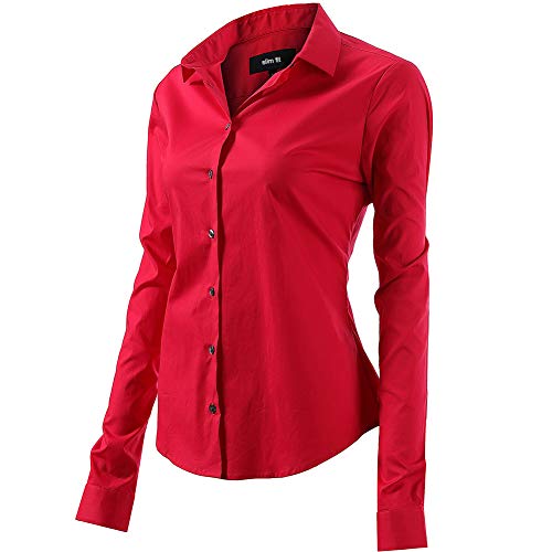 INFLATION Camisa de Vestir Elástica Mujer, diseño clásico Trabajo/Reunion/Ceremonia/Boda/Fiesta/Ocasiones Formales/Casuales, Rojo, Cuello 46CM, Pecho 132CM