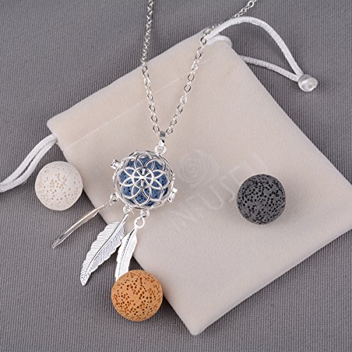INFUSEU collar de mujer Dream Catcher colgante de plumas, aromaterapia aceite esencial difusor colgante perfume medallón con 5 piezas de piedras de lava + cadena 24 "