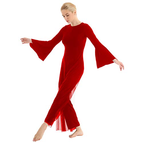inhzoy Maillot Largo de Danza Ballet para Mujer Mono Ropa de Danza Lírica Contemporánea Moderna Manga Acampanada Leotardo Gimnasia Rítmica Bailarina Rojo Large